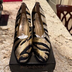 Yves Saint Laurent Black & Gold Zebra-Print Pointed Pumps Vintage, NEWwbox sz8